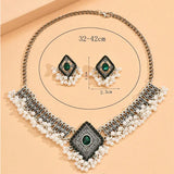 Fashion Vintage Choker Necklace Earrings Set For Women Geometric Crystal Jewelry Sets Simulated Pearl Beads Jewelry Set