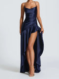 New in Summer Elegant Spaghetti Strap Satin Split Maxi Dress Women Sexy Backless Bodycon Party Evening Dress Summer Hol