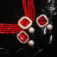 FYUAN Multilayer Green Red Blue Black Crystal Necklace Geometric Square Pearl Earrings For Women Weddings Banquet Jewelry Sets