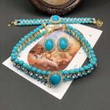 French Retro Elegant Inlaid Turquoise Geometric Necklace Bracelet Earring Set Fashionable High-End Women'S Jewelry
