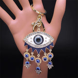 Turkish Lucky Blue Eye Keychain for Women Men Gold Color Metal Hamsa Hand Pendant Charms Bag Car Key Chain Ring Jewelry K9027S01