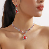 FYUAN Luxury Red Green Blue Black Pink Crystal Necklace Earrings For Women Water Drop Pendant Wedding Bride Jewelry Sets