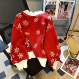 Christmas New Red Autumn and Winter Pullovers Snowflake Knitted Sweaters Thick Loose V-neck Hooded Sweet Long Sleeve Top Trendy