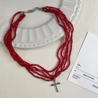 Luxurious Multi-Layer Red Beaded Flower Tassel Necklace Fashionable Choker High-End Clavicle Chain Jewelry Accessory