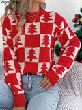 VigoCasey 2025 Autumn Winter Lady Christmas Knitted Sweater Women O Neck Plaid Print Pullover Lantern Long Sleeve Loose Jumper