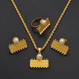 Ethiopian Eritrea Rectangle Jewelry Sets With Pearl Necklace Earrings Rings for Women Girls African Brides Accessories @340306