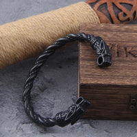Black Stainless Steel Nordic Viking Norse Dragon Bracelet Men Wristband Cuff Bracelets with Viking Wooden Box