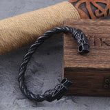 Black Stainless Steel Nordic Viking Norse Dragon Bracelet Men Wristband Cuff Bracelets with Viking Wooden Box
