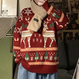 Christmas Reindeer Pullover Sweater Long Sleeve Red Loose Lazy Knitwear Horean Casual O Neck Hiphop Bf Couple Harajuku Y2K Top