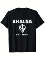Men's Black Sikh Khanda Symbol & Khalsa Established 1699 T-Shirt - Distressed White Print, Regular Fit Casual Short Sleeve Round