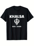 Men's Black Sikh Khanda Symbol & Khalsa Established 1699 T-Shirt - Distressed White Print, Regular Fit Casual Short Sleeve Round