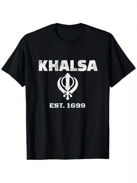 Men's Black Sikh Khanda Symbol & Khalsa Established 1699 T-Shirt - Distressed White Print, Regular Fit Casual Short Sleeve Round
