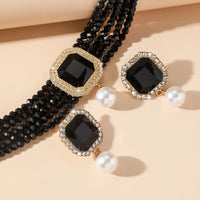 FYUAN Multilayer Green Red Blue Black Crystal Necklace Geometric Square Pearl Earrings For Women Weddings Banquet Jewelry Sets