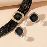FYUAN Multilayer Green Red Blue Black Crystal Necklace Geometric Square Pearl Earrings For Women Weddings Banquet Jewelry Sets