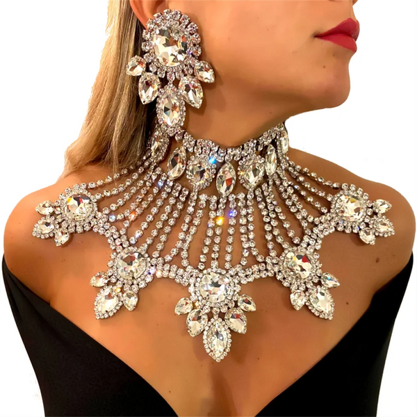Exaggerated Leaf shaped Necklace Earring Set Women's Accessories Rhinestone Jewelry Set Banquet Party Jewelry Two Piece Set Jewe