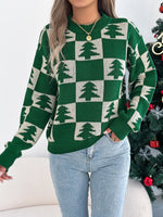 VigoCasey 2025 Autumn Winter Lady Christmas Knitted Sweater Women O Neck Plaid Print Pullover Lantern Long Sleeve Loose Jumper