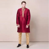 Indian Clothing Embroidery Ethnic Wedding Men's Clothing Red Suit Include Pants Spring Kurta Vintage