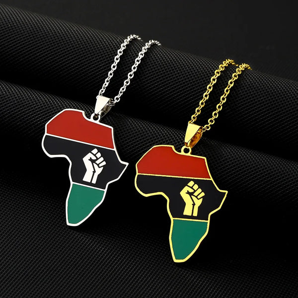 2024 new fashion stainless steel African fist map necklace for women and men couples ethnic style accessory collarbone chain ann