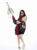 Spliced Christmas Hot Red Diamond Grid Top Checkered Round Neck Knit Long Sleeve Retro Sweater Women Street Design Loose Casual