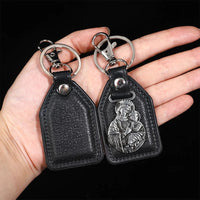 PU Leather Keychain Saint Christopher Charm Pendant Men Antique Bronze Plated Hook Keychain Car Keychain