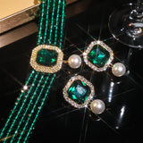 FYUAN Multilayer Green Red Blue Black Crystal Necklace Geometric Square Pearl Earrings For Women Weddings Banquet Jewelry Sets