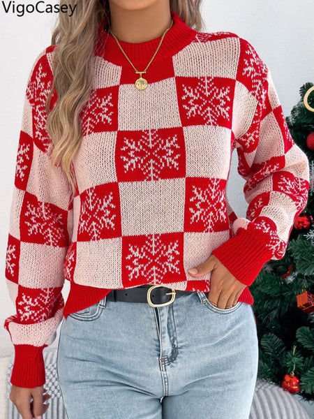 VigoCasey 2025 Winter Casual Christmas Knitted Sweater Women O Neck Print Loose Pullover Autumn Lady Lantern Long Sleeve Jumper