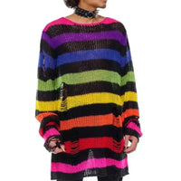 2024 Purple Striped Gothic Sweaters Women Ripped Holes Loose Knitted Pullover Frayed Fairy Grunge Jumpers Emo Streetwear Lolita