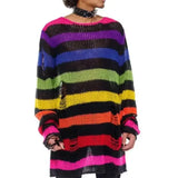 2024 Purple Striped Gothic Sweaters Women Ripped Holes Loose Knitted Pullover Frayed Fairy Grunge Jumpers Emo Streetwear Lolita