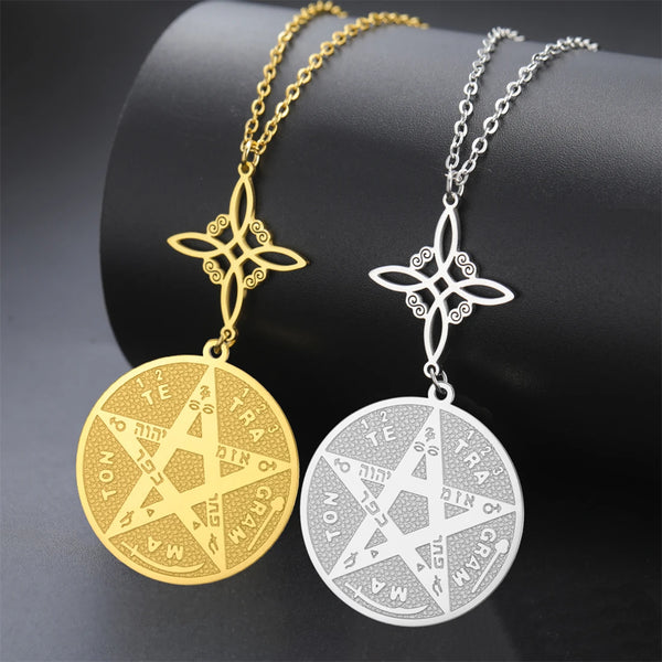 EUEAVAN God Name Tetragrammaton Pentacle Necklaces Stainless Steel Sacred Witch Knot Pendant Chain Solomon Seal Amulet Jewelry