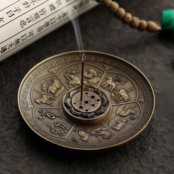 Dragon and Phoenix Bronze Incense Tray Twelve Zodiac Antique Thread Incense Holder Coil Incense Burner Indoor Sandalwood Stove