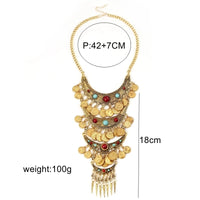 Boho Ethnic Retro Antique Gold color Alloy Carving Imitation Turquoise Coin Tassel Statement Necklace Women's Party Accessories