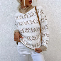 2025 Christmas Jumpers Women Mock Neck Full Sleeve Sweater Snowflake Jacquard Knitwear Warm Thick Pullover Top Xmas Party Look