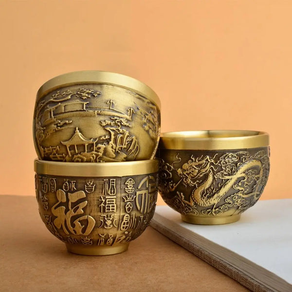 Good Luck Phoenix Cylinder Ornament Traditional Hand Carved Brass Drinking Cup Pure Brass Brass Feng Shui Bowl Living Room