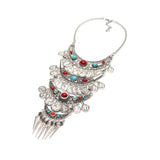 Boho Ethnic Retro Antique Gold color Alloy Carving Imitation Turquoise Coin Tassel Statement Necklace Women's Party Accessories