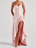 New in Summer Elegant Spaghetti Strap Satin Split Maxi Dress Women Sexy Backless Bodycon Party Evening Dress Summer Hol