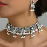 Ethnic Vintage Jewelry Set For Women Crystal Inlaid Jewelry Sets Simulated Pearl Tassel Beads Necklace Earrings Set Women's Gift
