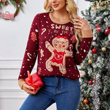 2025Casual Christmas Sweater Women Autumn Winter Gingerbread Man Pattern Long Sleeve Pullover Sweater
