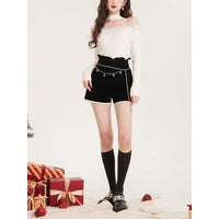Christmas Theme Splice Design Show Shoulder Knitted Top Winter Hot Sale Of The Season One Shoulder Hanging Neck Slim Fit Body He