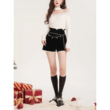Christmas Theme Splice Design Show Shoulder Knitted Top Winter Hot Sale Of The Season One Shoulder Hanging Neck Slim Fit Body He