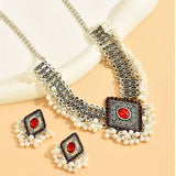Fashion Vintage Choker Necklace Earrings Set For Women Geometric Crystal Jewelry Sets Simulated Pearl Beads Jewelry Set