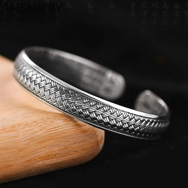 ANENJERY Wave Pattern Cuff Bracelets&Bangles For Men Retro Handmade Thai Silver Jewelry