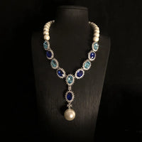 Retro Fashion Pearl Blue Stone Necklace Earrings Multi functional Light Luxury Regular Clavicle Chain Women's Jewelry Gifts