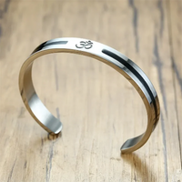 Stainless Steel OM Ohm Aum Hindu India Yoga Cuff Bangle for Men Silver-color Buddhist Religion Open Cuff Bracelet Punk Jewelry