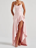 New in Summer Elegant Spaghetti Strap Satin Split Maxi Dress Women Sexy Backless Bodycon Party Evening Dress Summer Hol