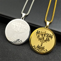 Jewish Hanukkah Nine Lamp Candlestick Pendant Necklace for Women Men Stainless Steel Gold Color Hebrew Religious Chain Jewelry