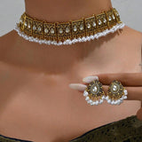 Ethnic Style Vintage Choker Necklace Earrings Set For Women Simulated Pearl Beads Jewelry Sets Resin Stone Crystal Jewelry Set