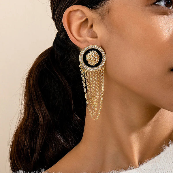 Exaggerated Trendy Lion Head Crystal Earrings for Women Fashion Shiny Long Tassel Simple Oil Dripping Enamel Earrings Jewelry