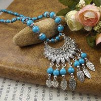 Bohemia Vintage Ethnic Leaf Red Stone Tassel Necklace For Women Gypsy Sliver Color Long Chain Necklace For Girls Tibetan Jewelry
