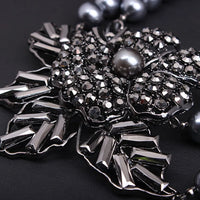 Ethnic Jewelry Big Statement Black Flower Gray Faux Pearl Beads Multi Strand Layered Bib Choker Collar Necklace for Women Party