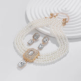 1Set Luxury Multilayer Imitation Pearl Necklace Earrings For Women Girls Temperament Jewelry Bridal Rhinestone Wedding Jewelry